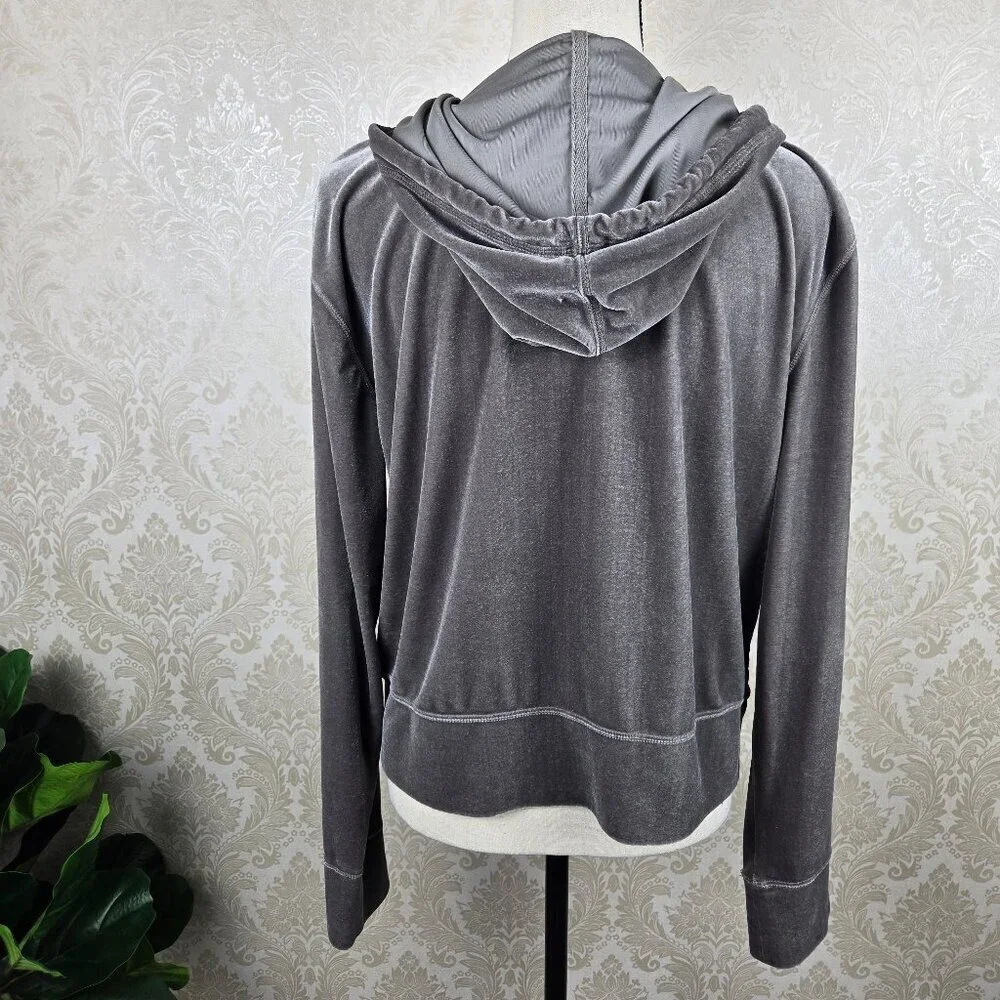 DKNY Sz Large Gray Velour Zip Front Casual Jacket Drawstring Hood Front Pockets
